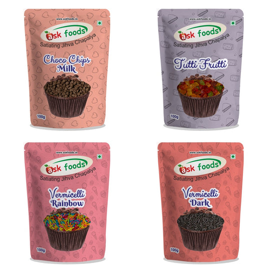 Muffin Decoration Combo of Milk Choco Chips, Tutti Frutti, Rainbow Vermicelli, Dark Vermicelli