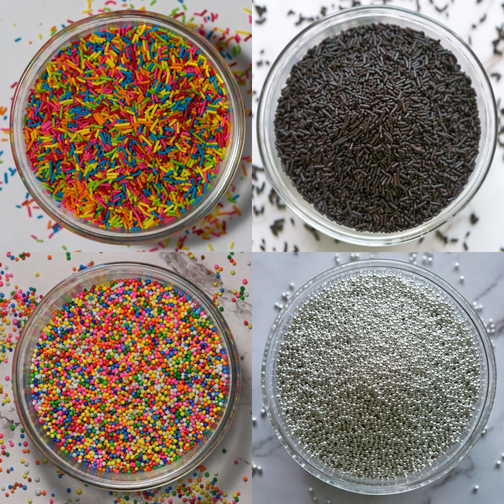 Cupcake Decoration Combo of Rainbow Vermicelli, Dark Vermicelli,Rainbow Sugar balls, Silver Balls