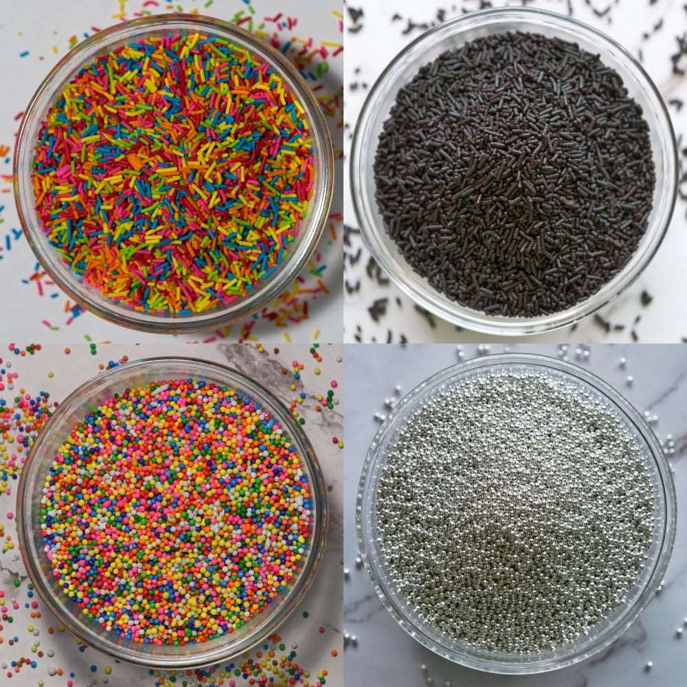 Cupcake Decoration Combo of Rainbow Vermicelli, Dark Vermicelli,Rainbow Sugar balls, Silver Balls