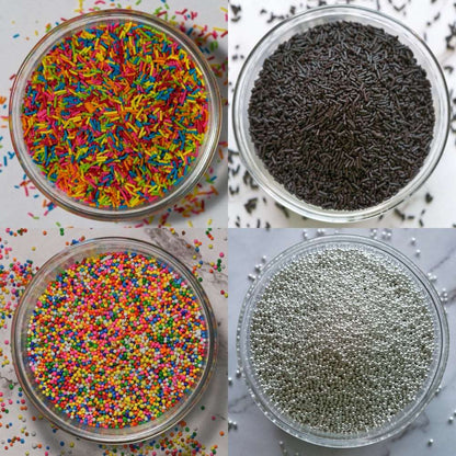Cupcake Decoration Combo of Rainbow Vermicelli, Dark Vermicelli,Rainbow Sugar balls, Silver Balls
