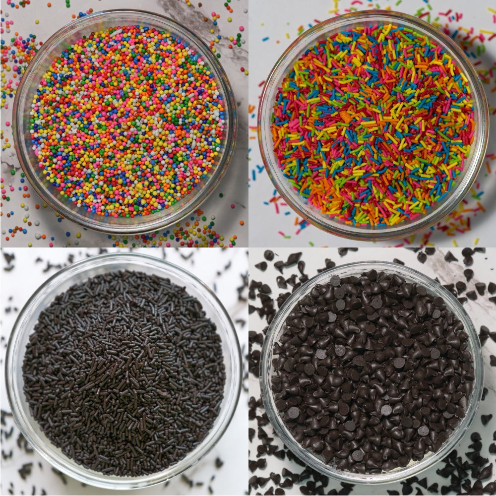 Doughnut Combo of Rainbow Sugar Balls, Rainbow Vermicelli, Dark Vermicelli, Dark Choco Chips