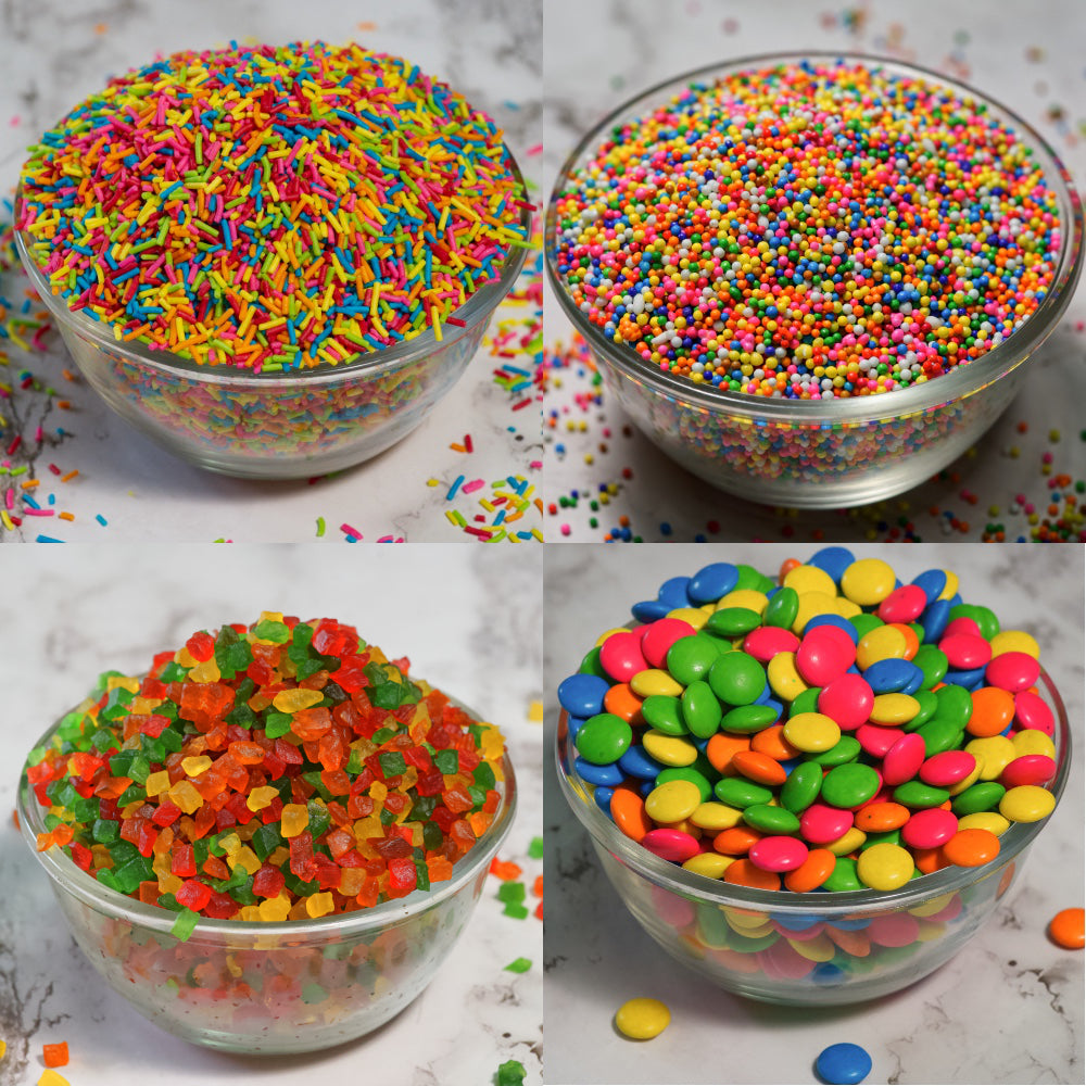 Rainbow Color Combo of Rainbow Vermicelli, Rainbow Sugar Balls, Choco Beans, Tutti Frutti | Rainbow Party Sprinkles & Decoration