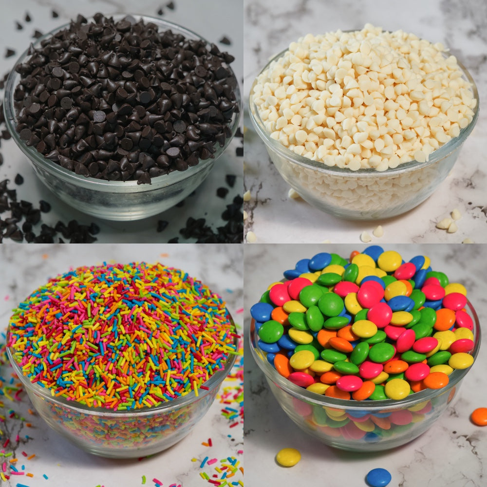 Cookie Decoration Combo of Dark Choco Chips, White Choco Chips, Rainbow Vermicelli, Choco Beans