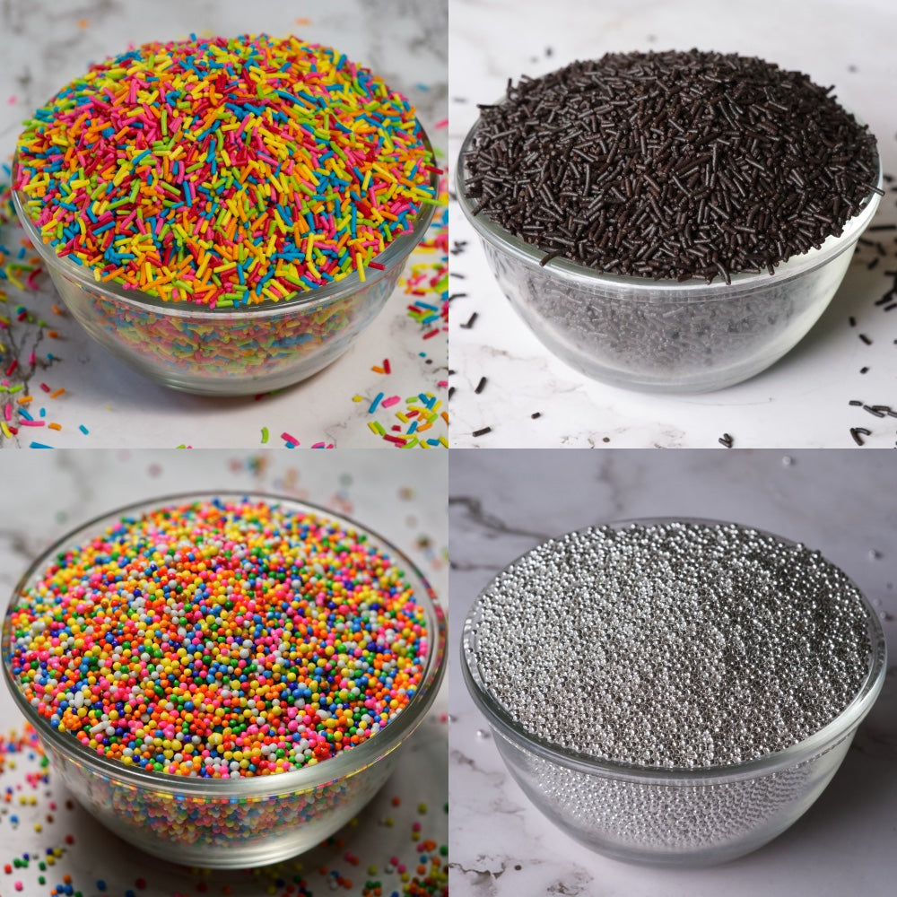 Cupcake Decoration Combo of Rainbow Vermicelli, Dark Vermicelli,Rainbow Sugar balls, Silver Balls