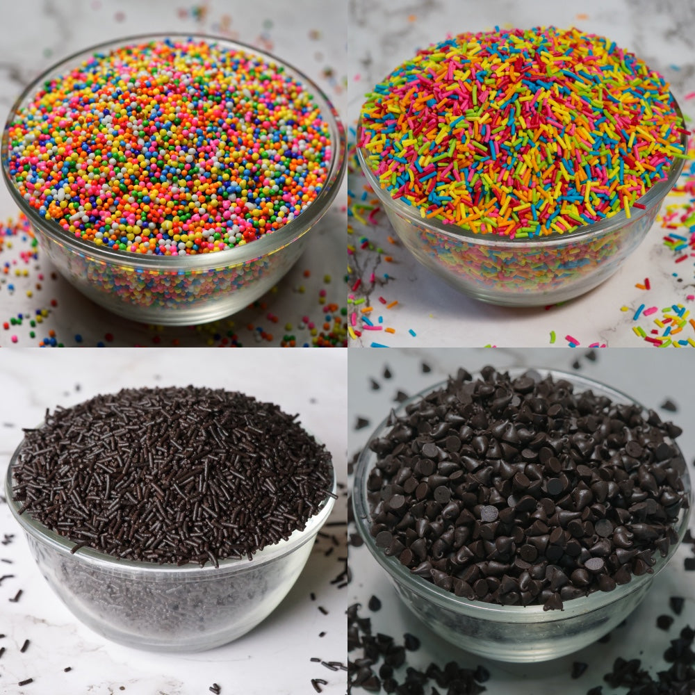 Doughnut Combo of Rainbow Sugar Balls, Rainbow Vermicelli, Dark Vermicelli, Dark Choco Chips