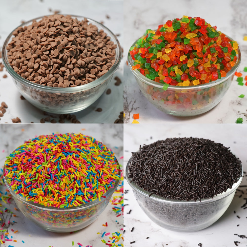 Muffin Decoration Combo of Milk Choco Chips, Tutti Frutti, Rainbow Vermicelli, Dark Vermicelli