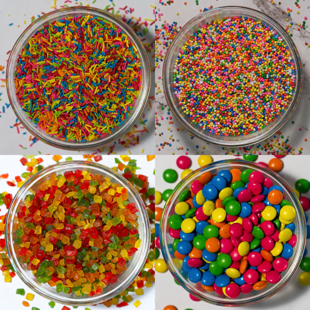 Rainbow Color Combo of Rainbow Vermicelli, Rainbow Sugar Balls, Choco Beans, Tutti Frutti | Rainbow Party Sprinkles & Decoration